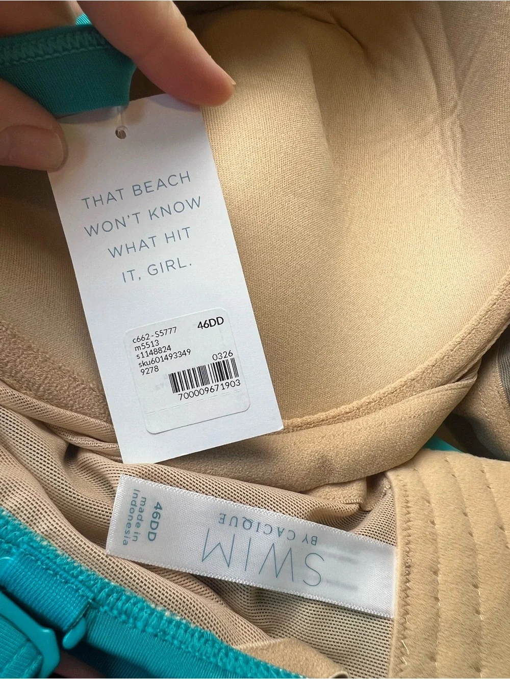Swim By Cacique 46DD Teal Adjustable-Strap Lightly Line Bandeau Swim Tankini Top